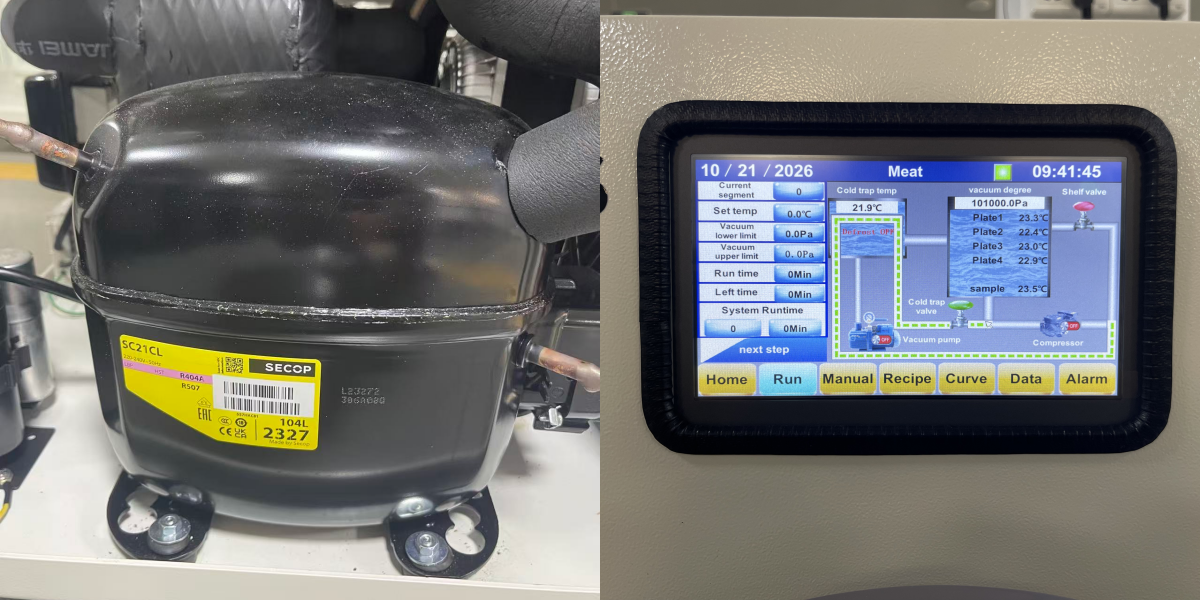 High-performance compressor and custom temperature-time control system for industrial freeze-dryers